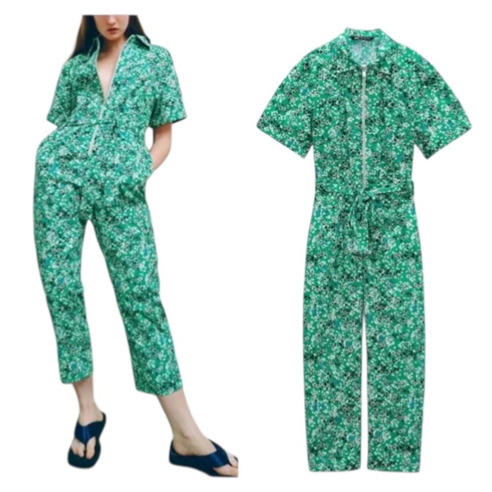 ZARA Green Floral Print Jumpsuit Size Medium